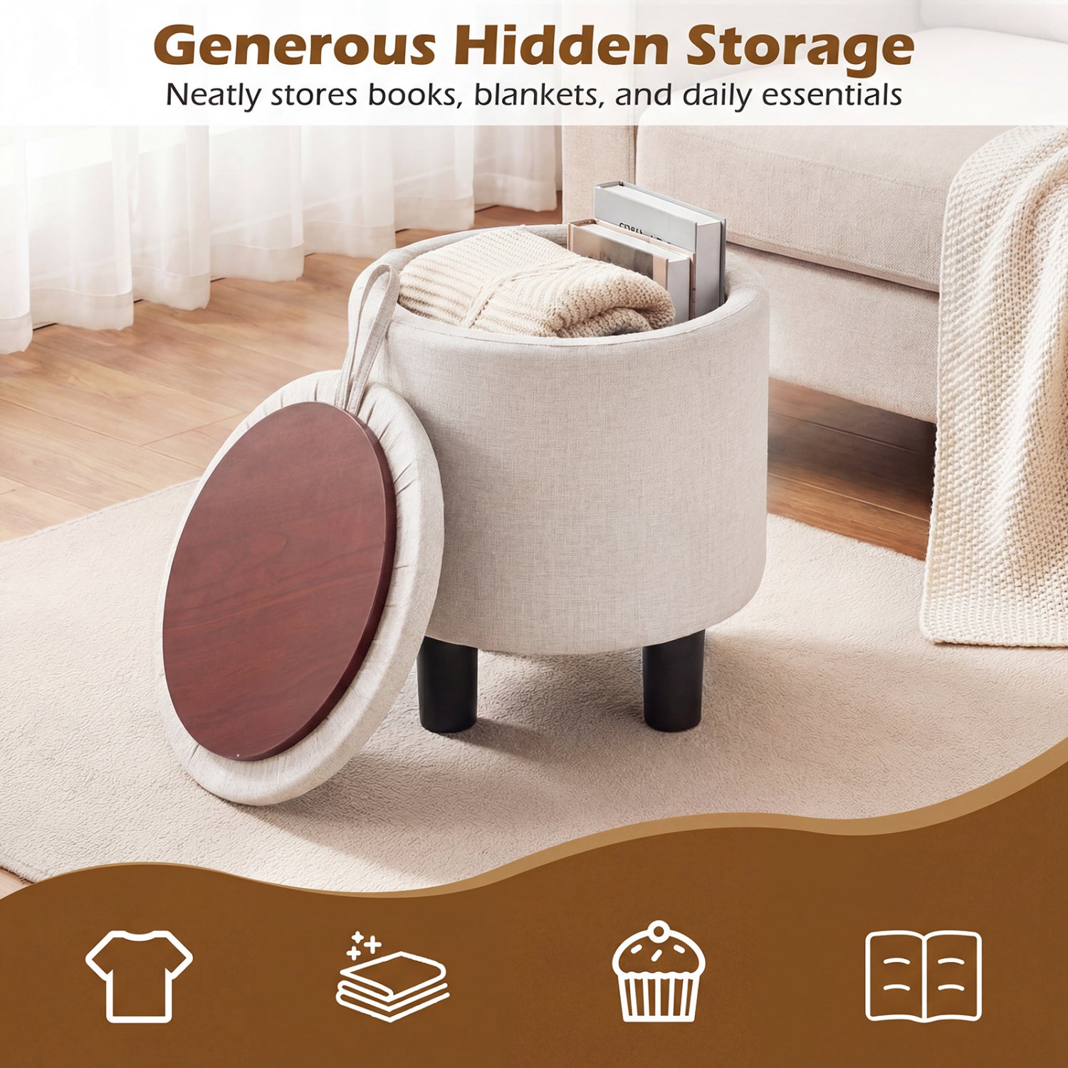 Round Storage Ottoman, Linen Fabric Upholstered Footrest Stool, Beige Ottomans at Gallery Canada