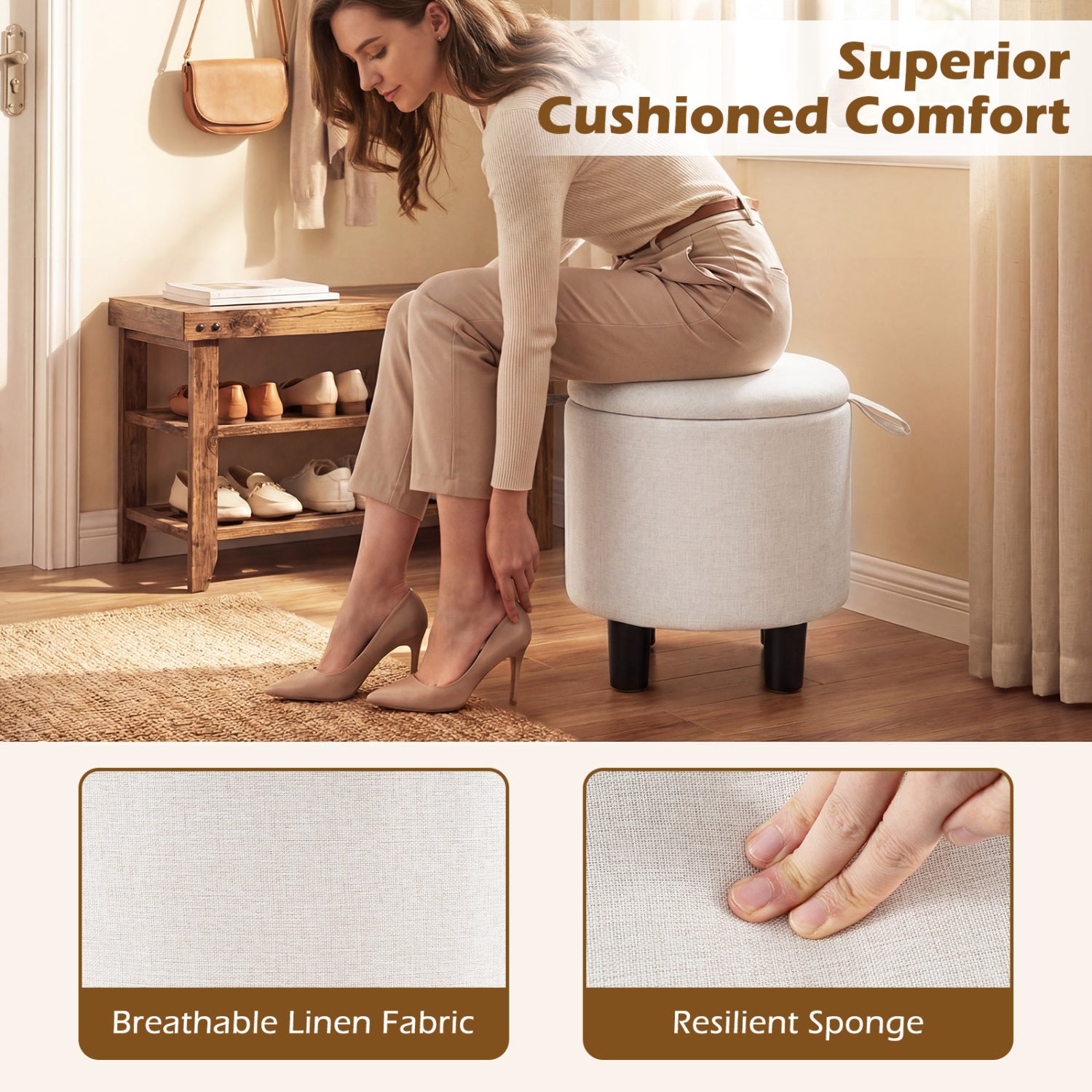 Round Storage Ottoman, Linen Fabric Upholstered Footrest Stool, Beige Ottomans at Gallery Canada