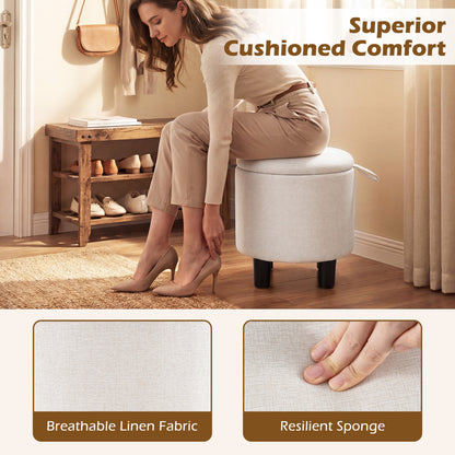 Round Storage Ottoman, Linen Fabric Upholstered Footrest Stool, Beige Ottomans at Gallery Canada