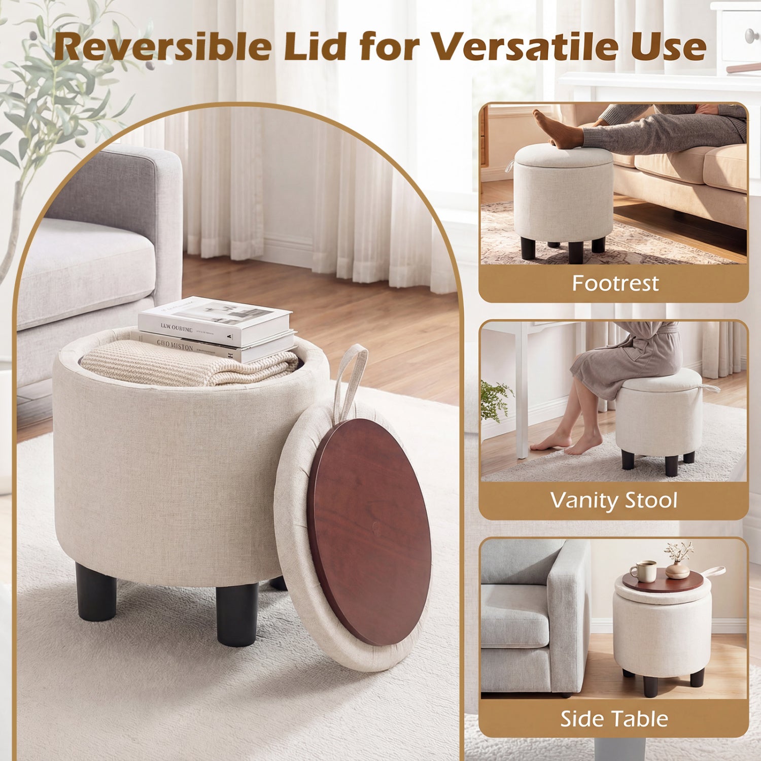 Round Storage Ottoman, Linen Fabric Upholstered Footrest Stool, Beige Ottomans at Gallery Canada