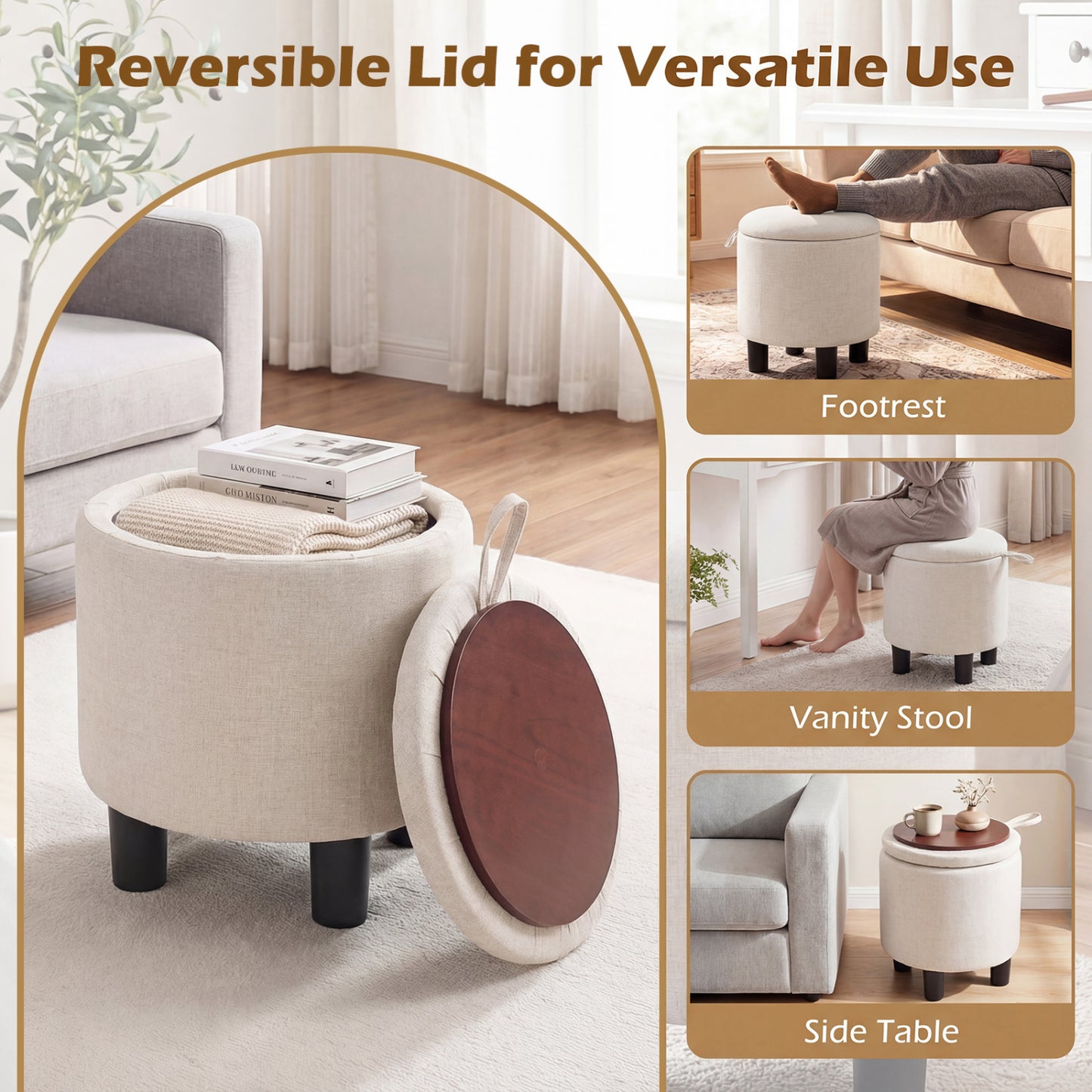 Round Storage Ottoman, Linen Fabric Upholstered Footrest Stool, Beige Ottomans at Gallery Canada