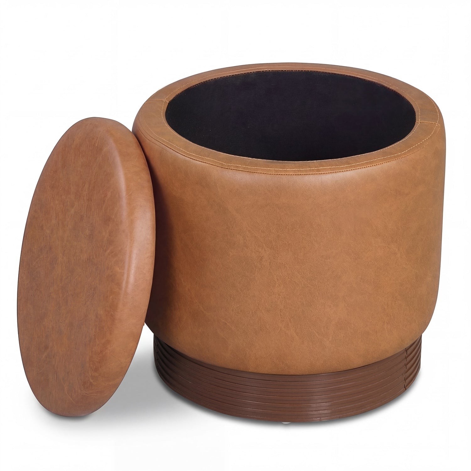 Round Storage Ottoman, Acacia Wood Frame, Brown Ottomans at Gallery Canada