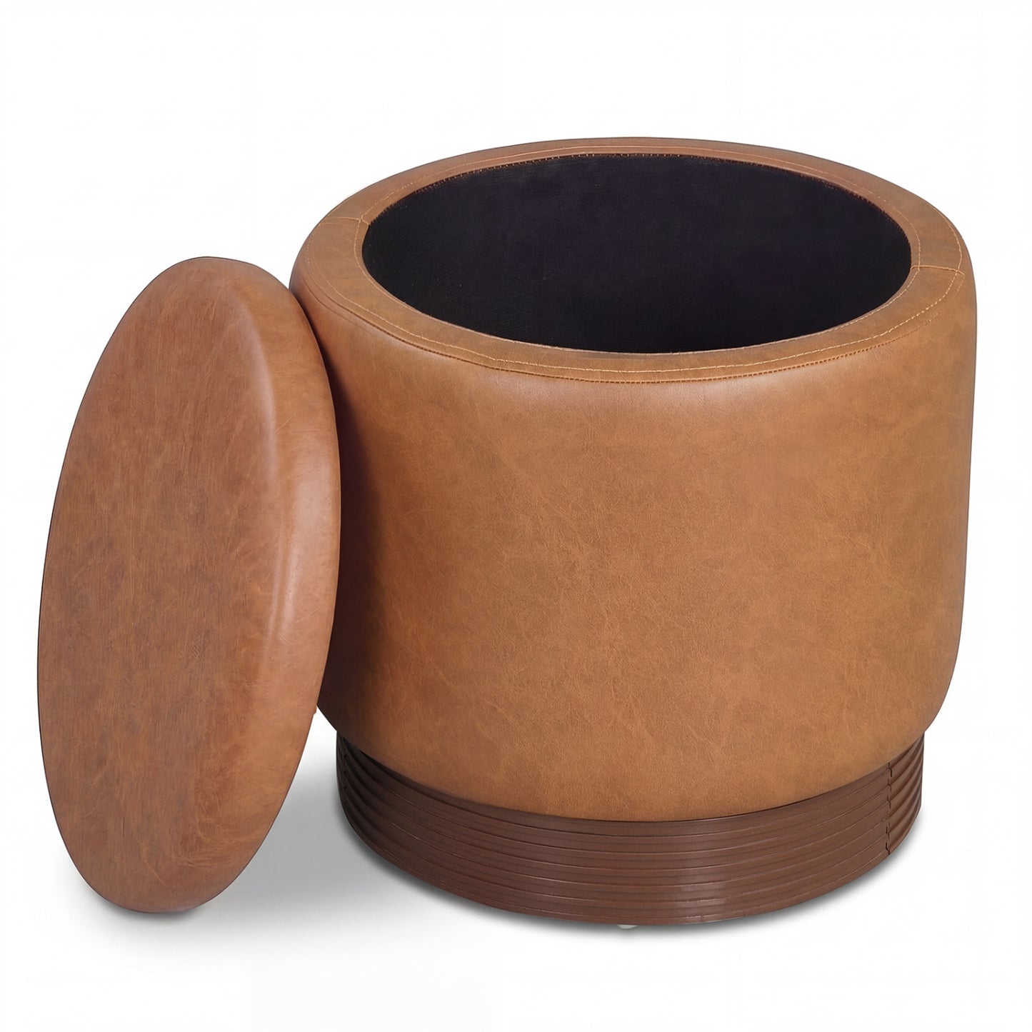 Round Storage Ottoman, Acacia Wood Frame, Brown Ottomans at Gallery Canada
