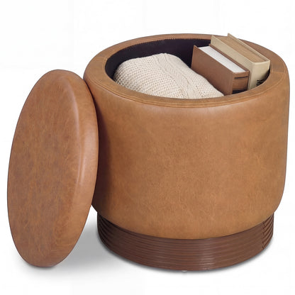Round Storage Ottoman, Acacia Wood Frame, Brown Ottomans at Gallery Canada