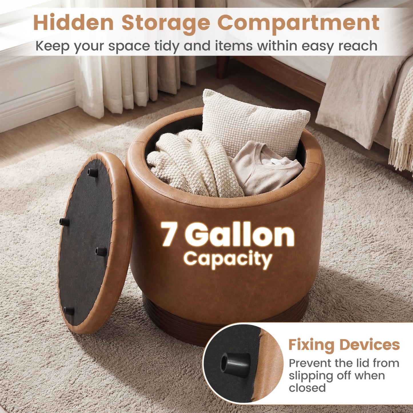 Round Storage Ottoman, Acacia Wood Frame, Brown Ottomans at Gallery Canada