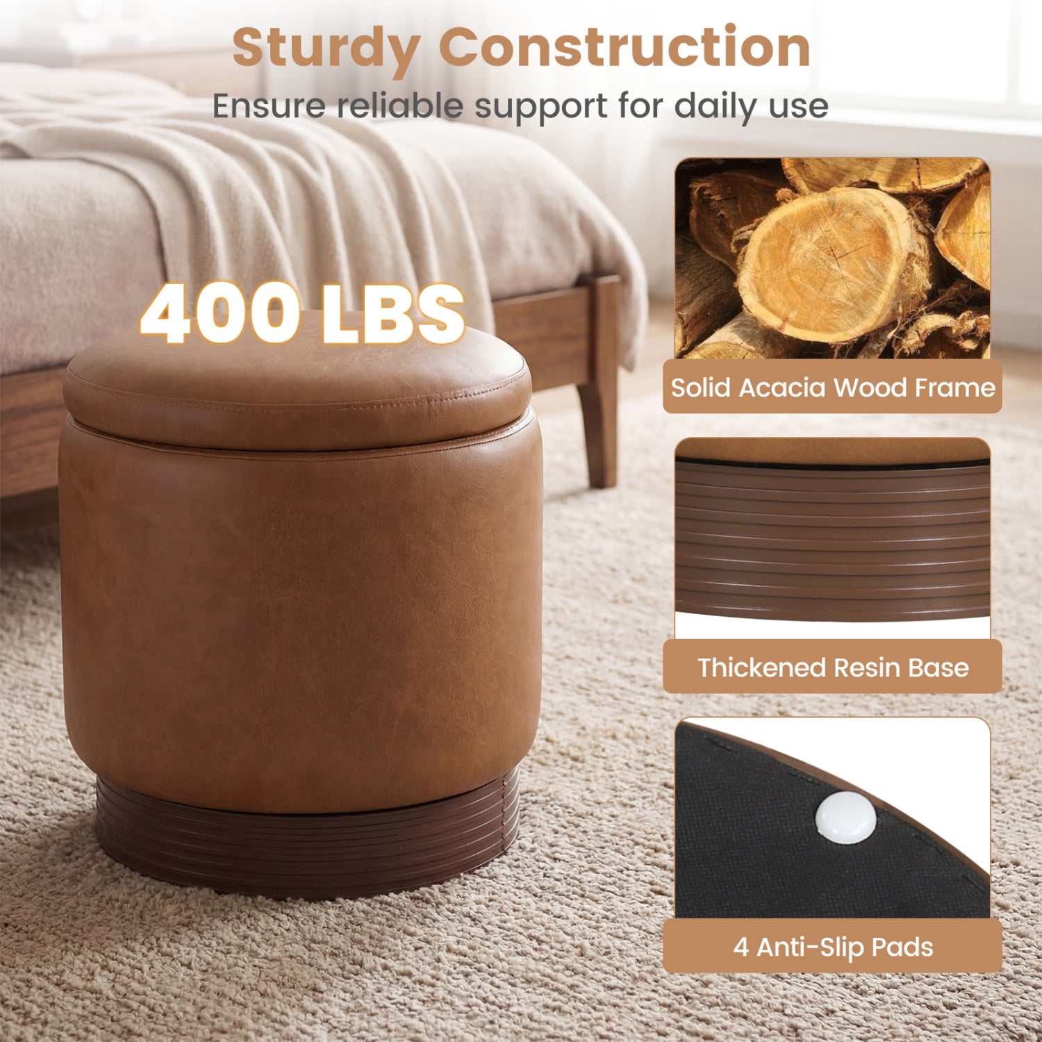 Round Storage Ottoman, Acacia Wood Frame, Brown Ottomans at Gallery Canada