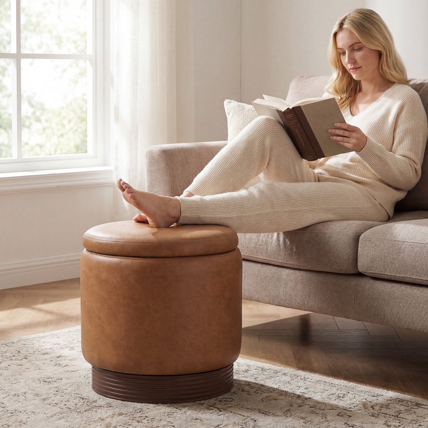 Round Storage Ottoman, Acacia Wood Frame, Brown Ottomans at Gallery Canada