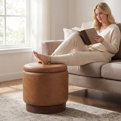 Round Storage Ottoman, Acacia Wood Frame, Brown Ottomans at Gallery Canada