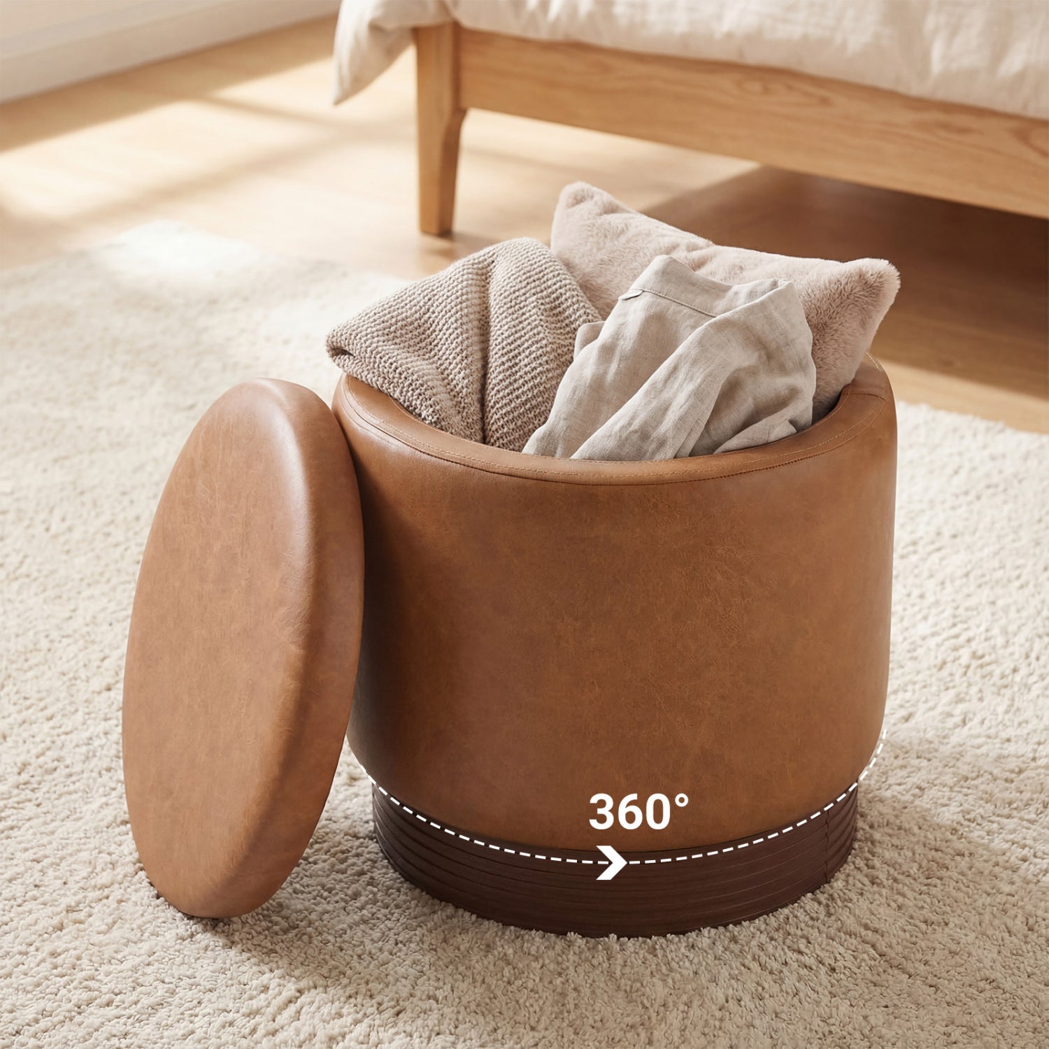 Round Storage Ottoman, Acacia Wood Frame, Brown Ottomans at Gallery Canada