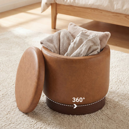 Round Storage Ottoman, Acacia Wood Frame, Brown Ottomans at Gallery Canada