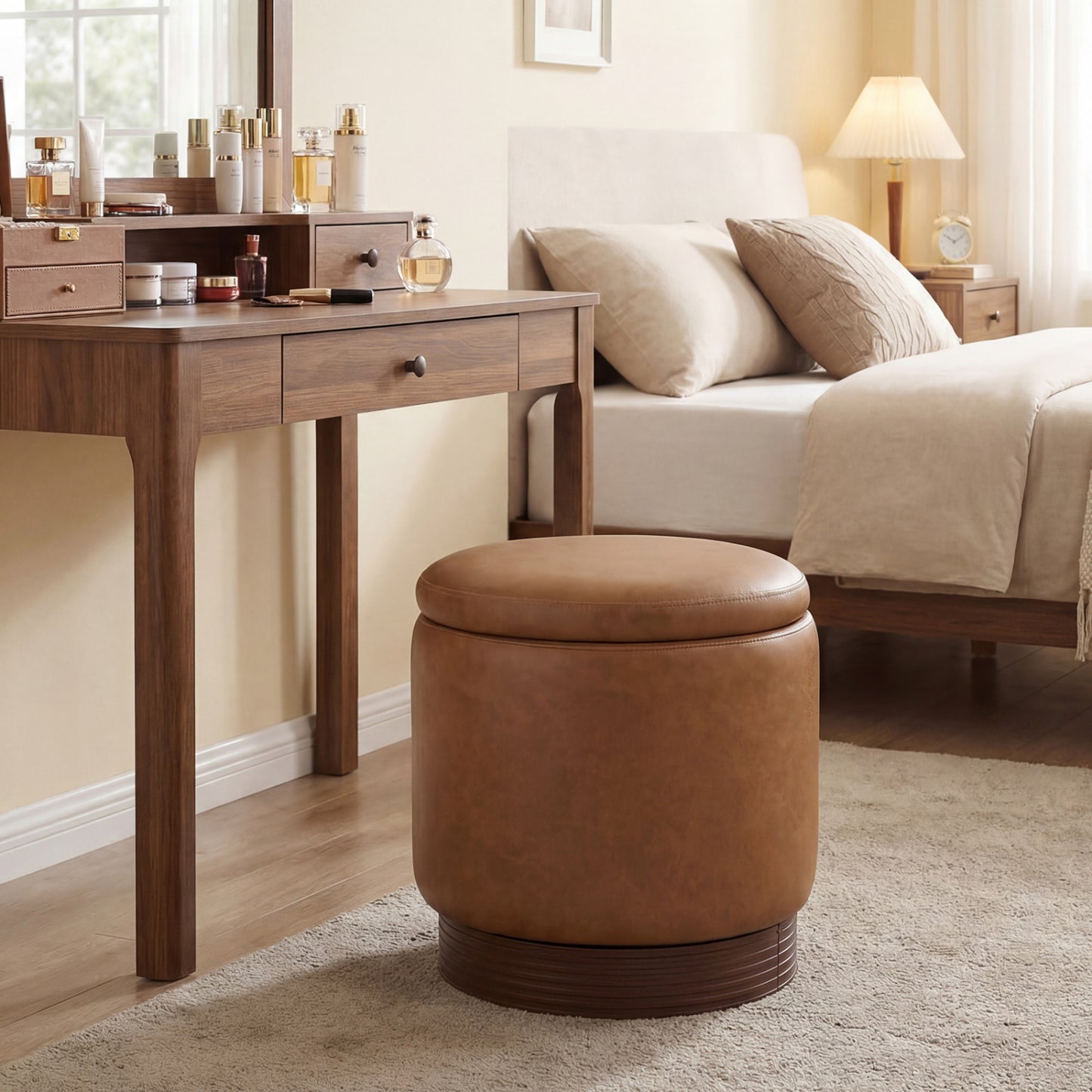 Round Storage Ottoman, Acacia Wood Frame, Brown Ottomans at Gallery Canada