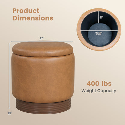 Round Storage Ottoman, Acacia Wood Frame, Brown Ottomans at Gallery Canada