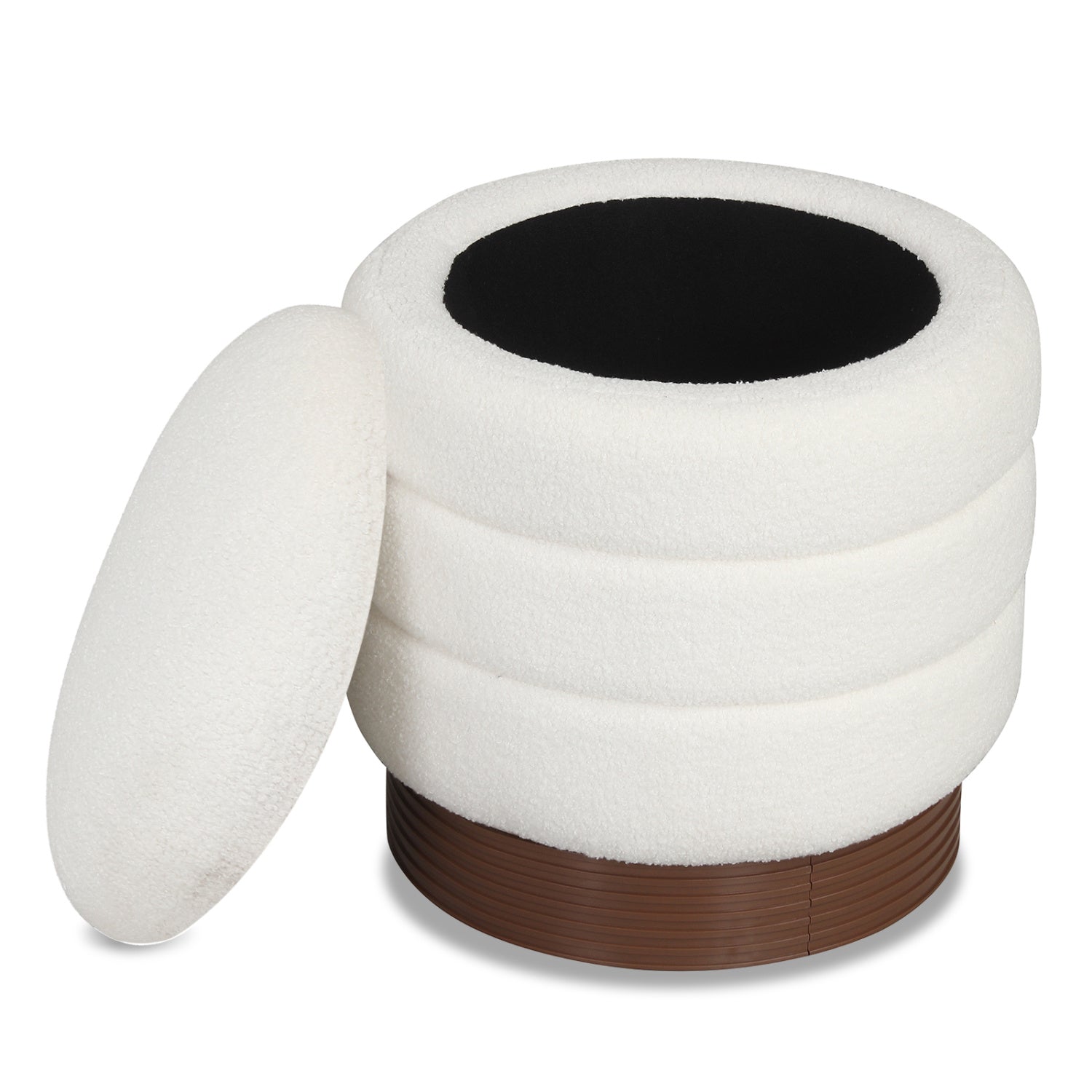 Round Storage Ottoman, Acacia Wood Frame, White Ottomans at Gallery Canada