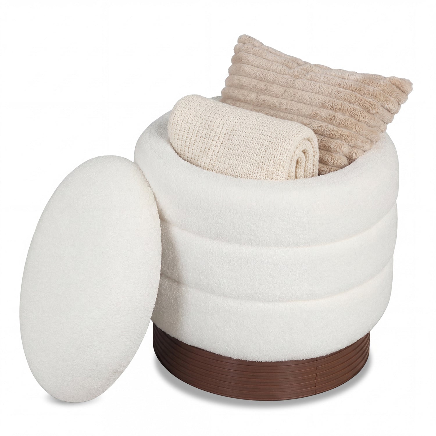 Round Storage Ottoman, Acacia Wood Frame, White Ottomans White at Gallery Canada