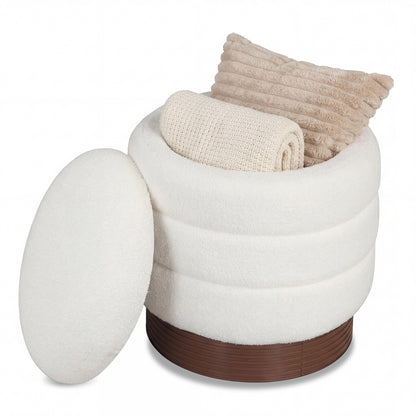 Round Storage Ottoman, Acacia Wood Frame, White Ottomans White at Gallery Canada