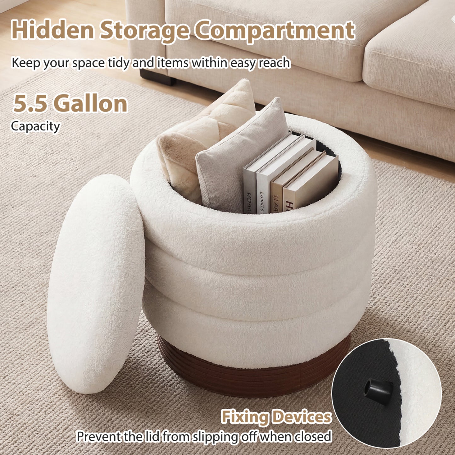 Round Storage Ottoman, Acacia Wood Frame, White Ottomans at Gallery Canada