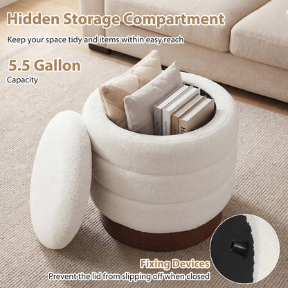 Round Storage Ottoman, Acacia Wood Frame, White Ottomans at Gallery Canada