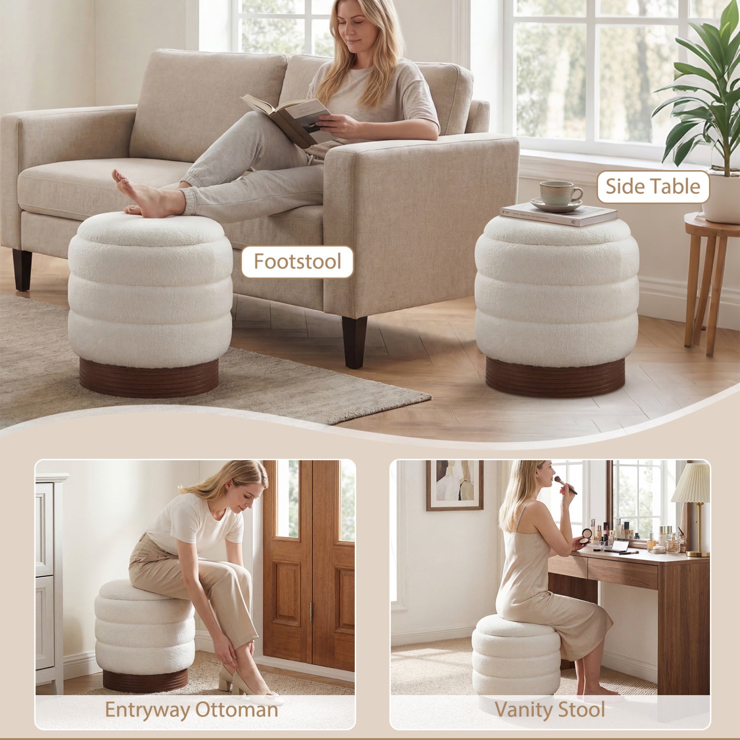 Round Storage Ottoman, Acacia Wood Frame, White Ottomans at Gallery Canada