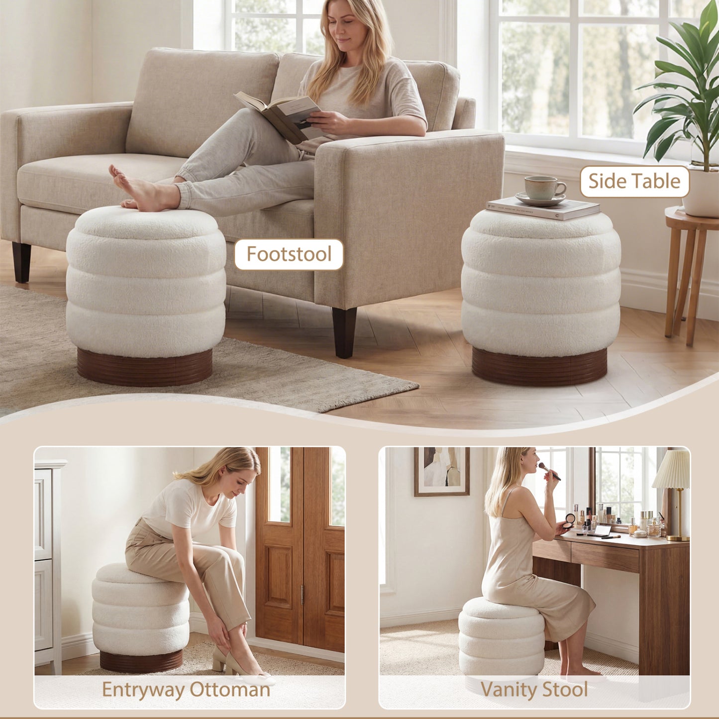 Round Storage Ottoman, Acacia Wood Frame, White Ottomans at Gallery Canada