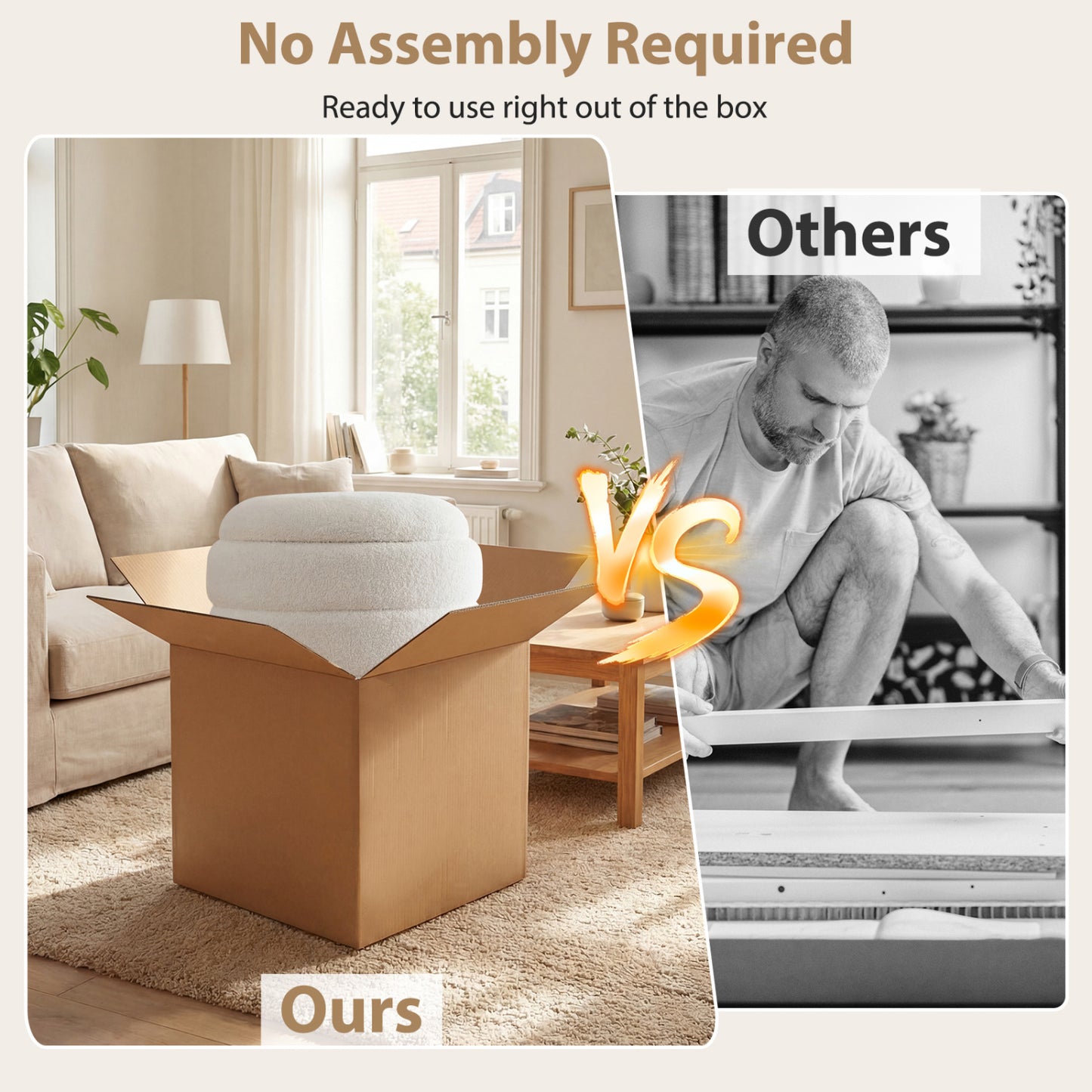 Round Storage Ottoman, Acacia Wood Frame, White Ottomans at Gallery Canada