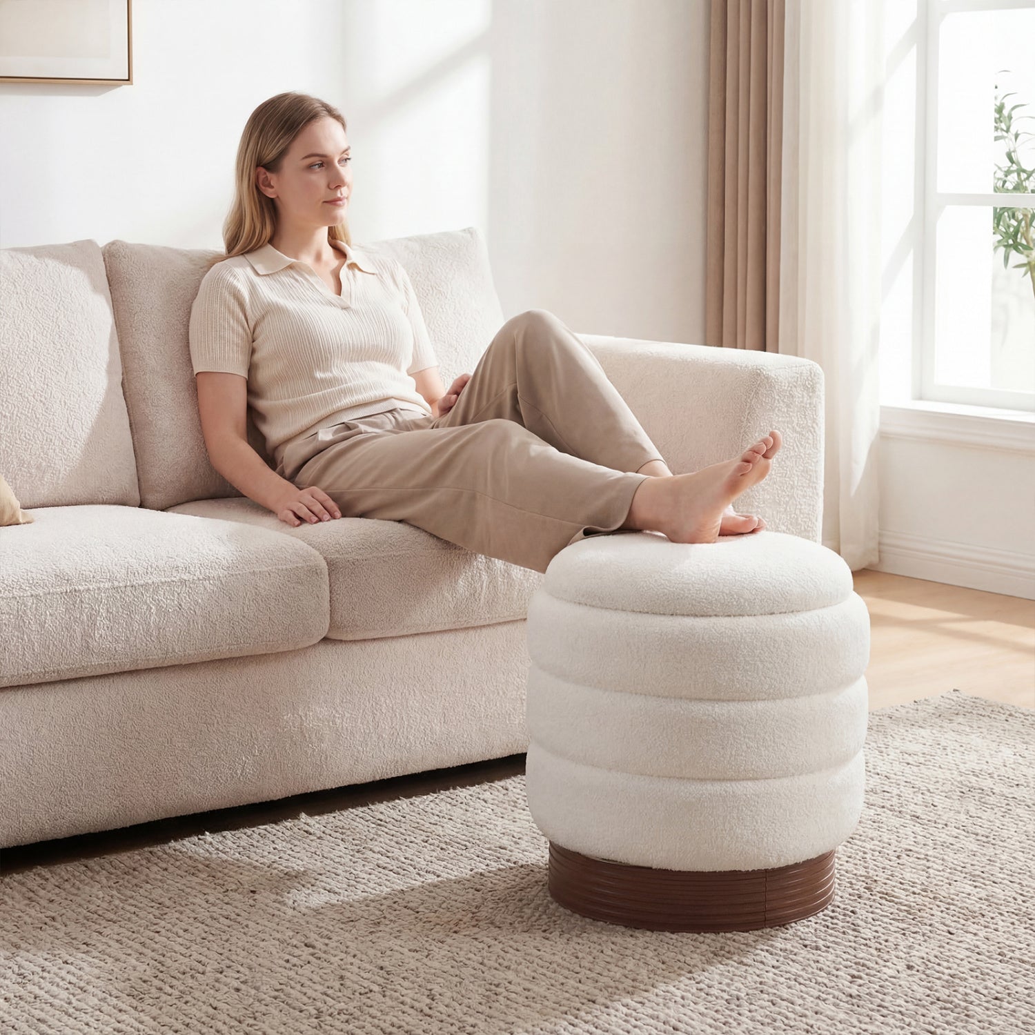 Round Storage Ottoman, Acacia Wood Frame, White Ottomans at Gallery Canada