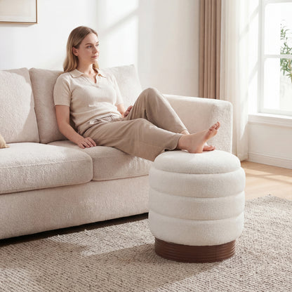 Round Storage Ottoman, Acacia Wood Frame, White Ottomans at Gallery Canada