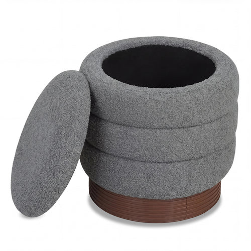 Round Storage Ottoman, Acacia Wood Frame, Gray