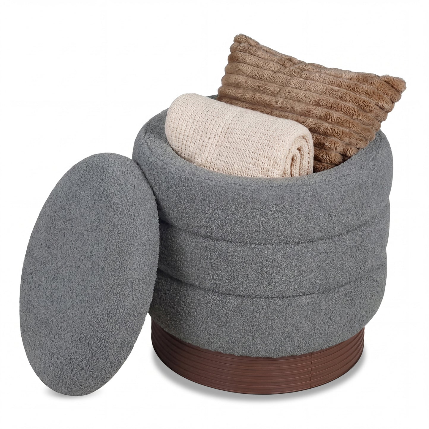 Round Storage Ottoman, Acacia Wood Frame, Gray Ottomans at Gallery Canada