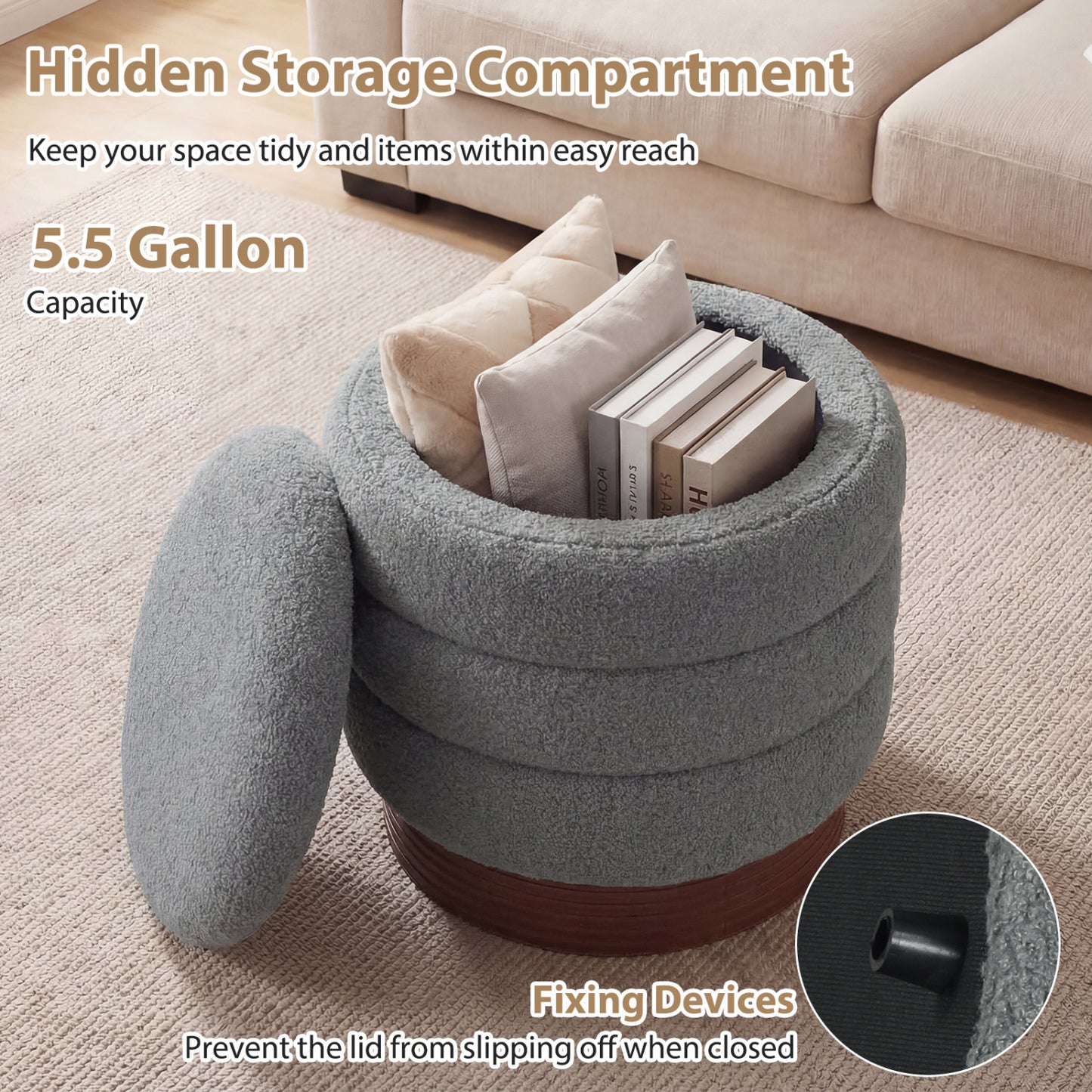 Round Storage Ottoman, Acacia Wood Frame, Gray Ottomans at Gallery Canada