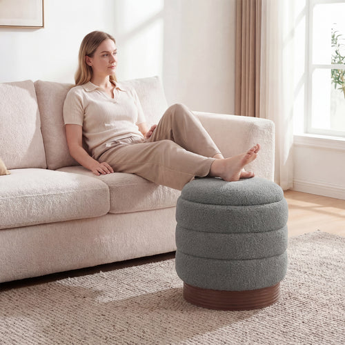 Round Storage Ottoman, Acacia Wood Frame, Gray