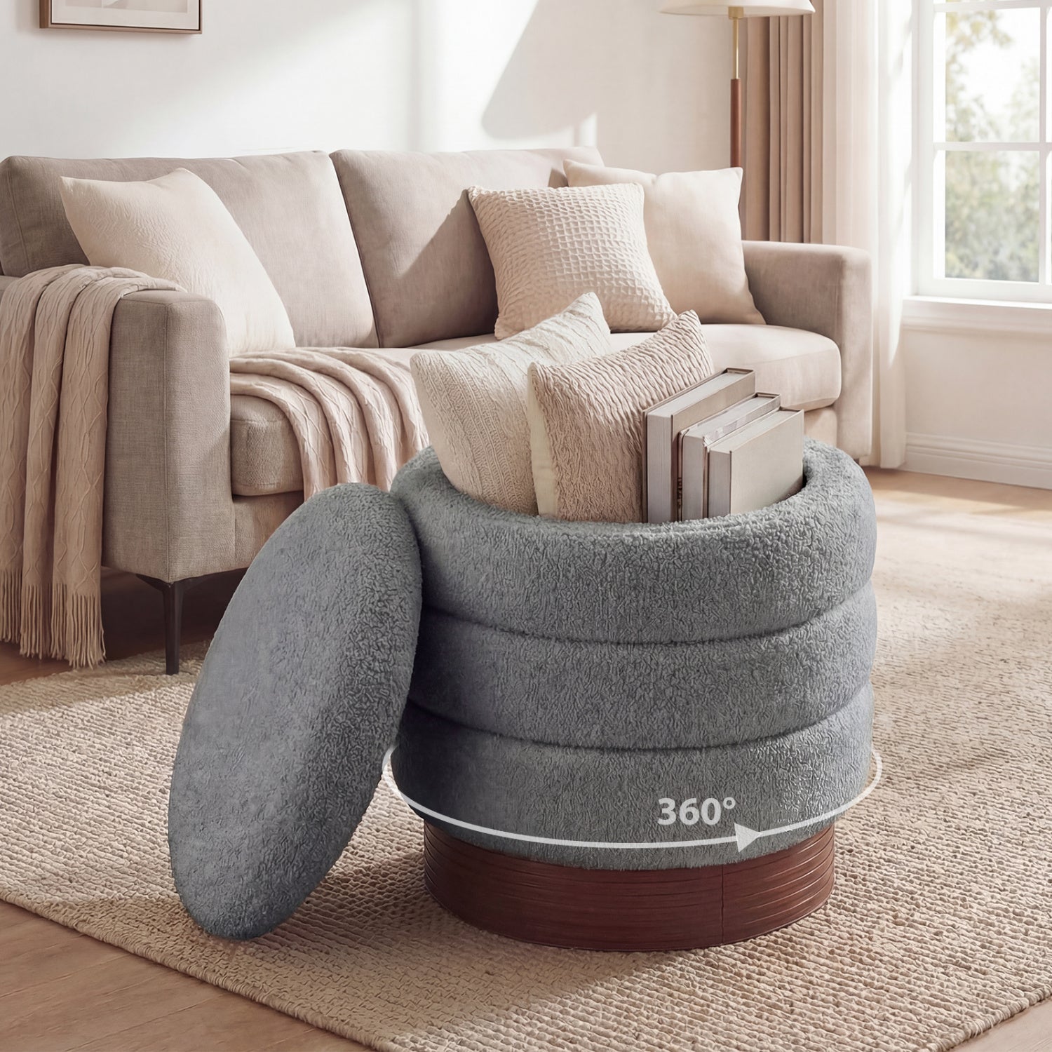 Round Storage Ottoman, Acacia Wood Frame, Gray Ottomans at Gallery Canada
