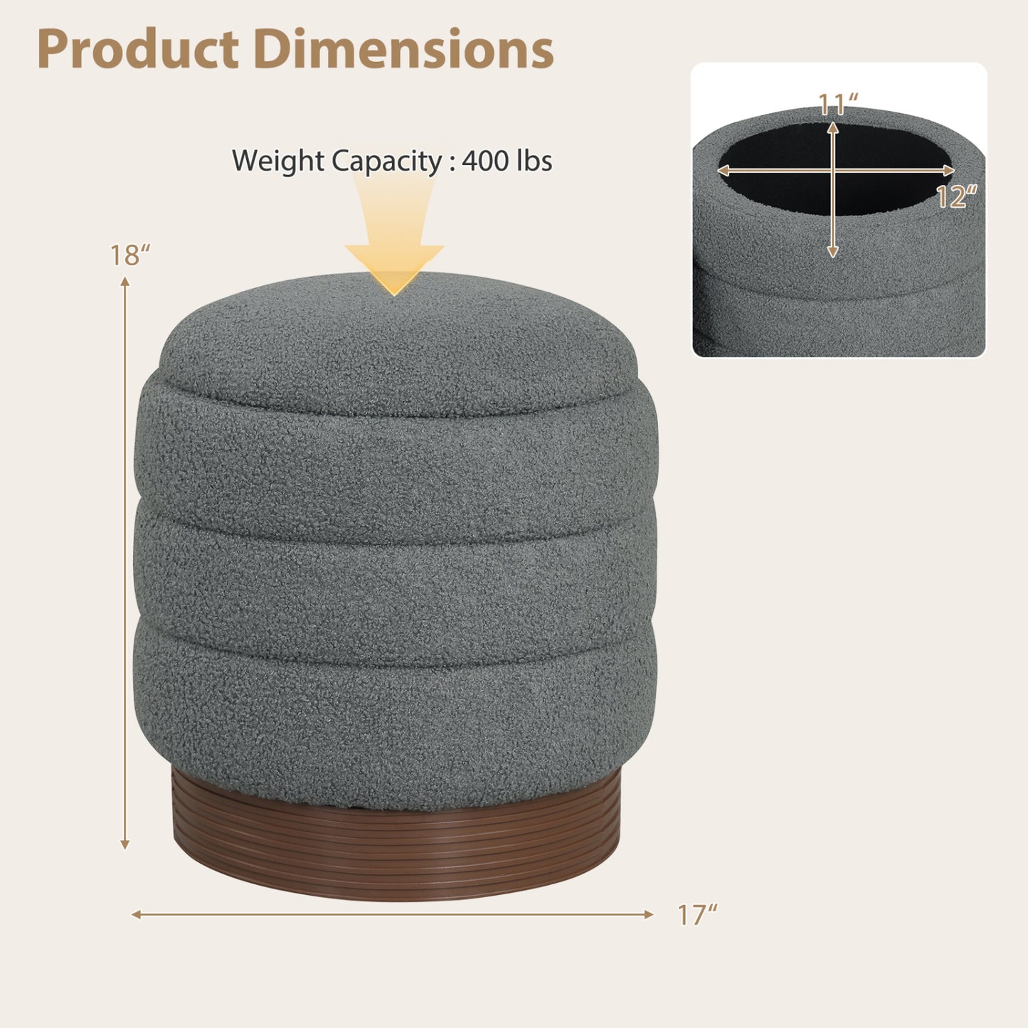 Round Storage Ottoman, Acacia Wood Frame, Gray Ottomans at Gallery Canada
