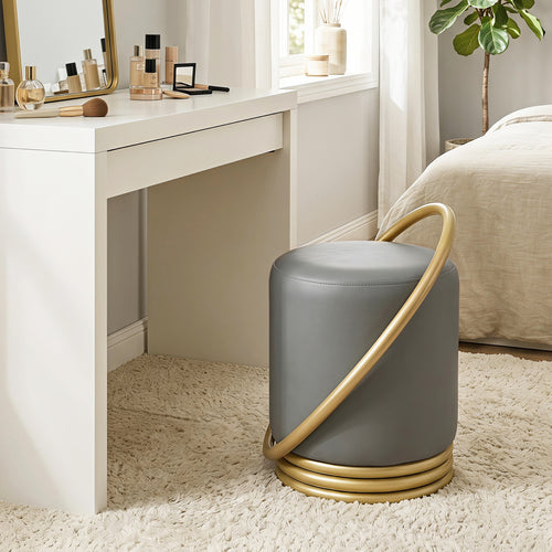 Round Vanity Stool, Faux Leather Makeup Chair, Gold Halo Design - Gray
