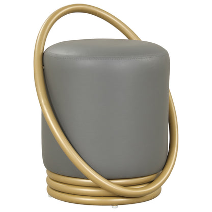 Round Vanity Stool, Faux Leather Makeup Chair, Gold Halo Design - Gray