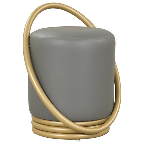 Round Vanity Stool, Faux Leather Makeup Chair, Gold Halo Design - Gray