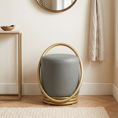 Round Vanity Stool, Faux Leather Makeup Chair, Gold Halo Design - Gray
