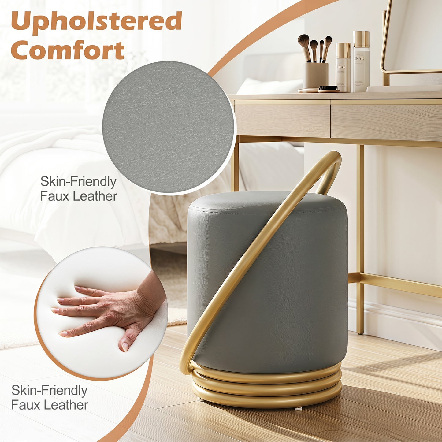 Round Vanity Stool, Faux Leather Makeup Chair, Gold Halo Design - Gray