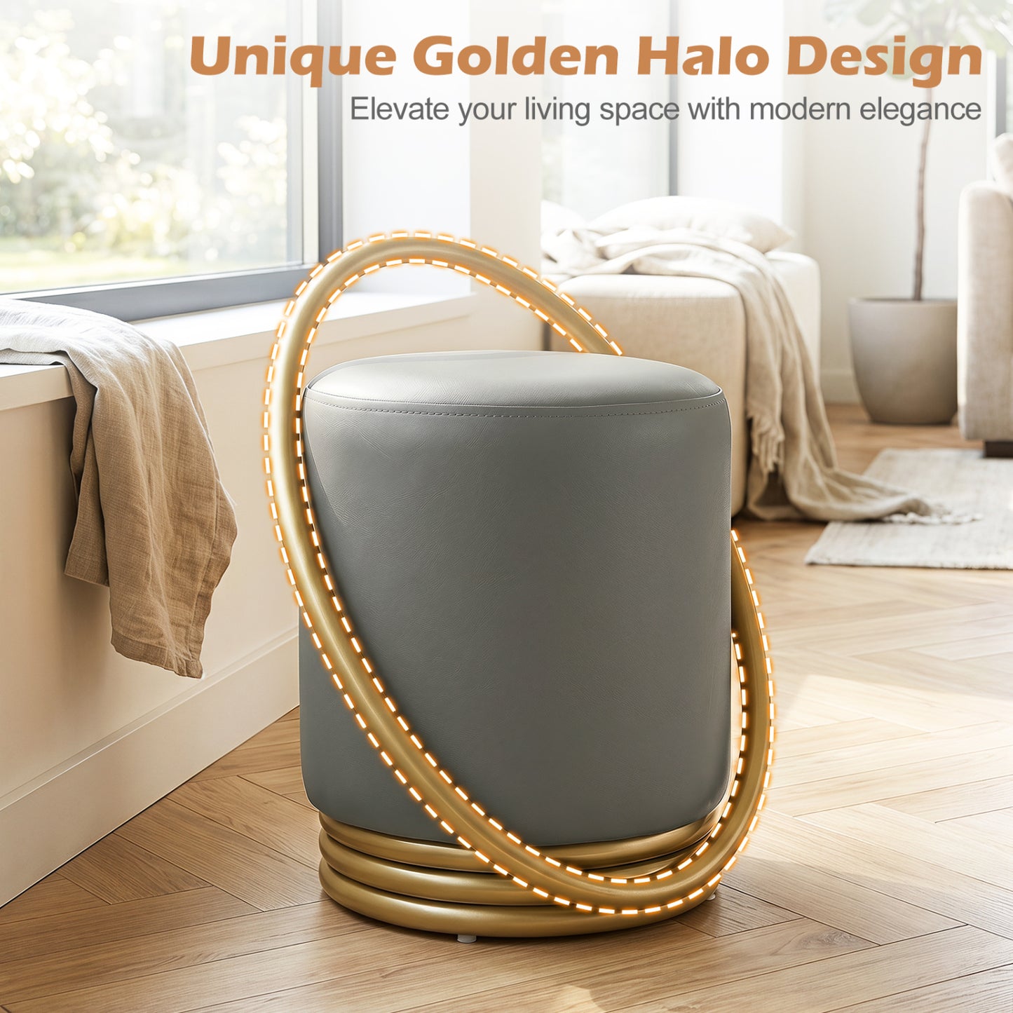 Round Vanity Stool, Faux Leather Makeup Chair, Gold Halo Design - Gray
