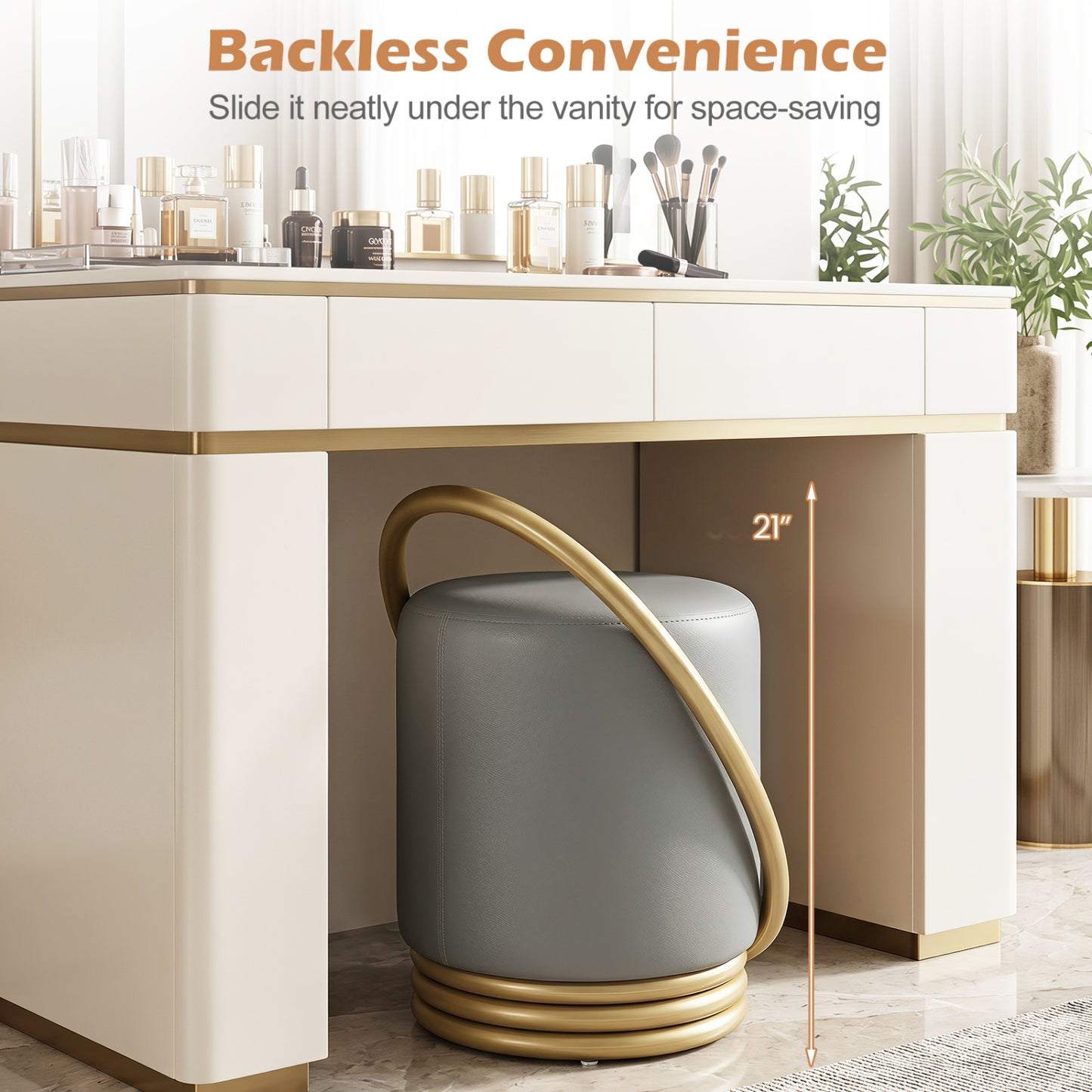 Round Vanity Stool, Faux Leather Makeup Chair, Gold Halo Design - Gray