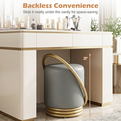 Round Vanity Stool, Faux Leather Makeup Chair, Gold Halo Design - Gray