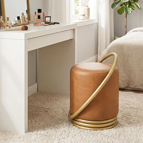 Round Vanity Stool, Faux Leather Makeup Chair, Gold Halo Design, Yellow