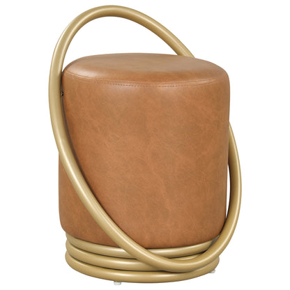 Round Vanity Stool, Faux Leather Makeup Chair, Gold Halo Design, Yellow