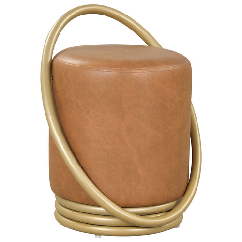 Round Vanity Stool, Faux Leather Makeup Chair, Gold Halo Design, Yellow