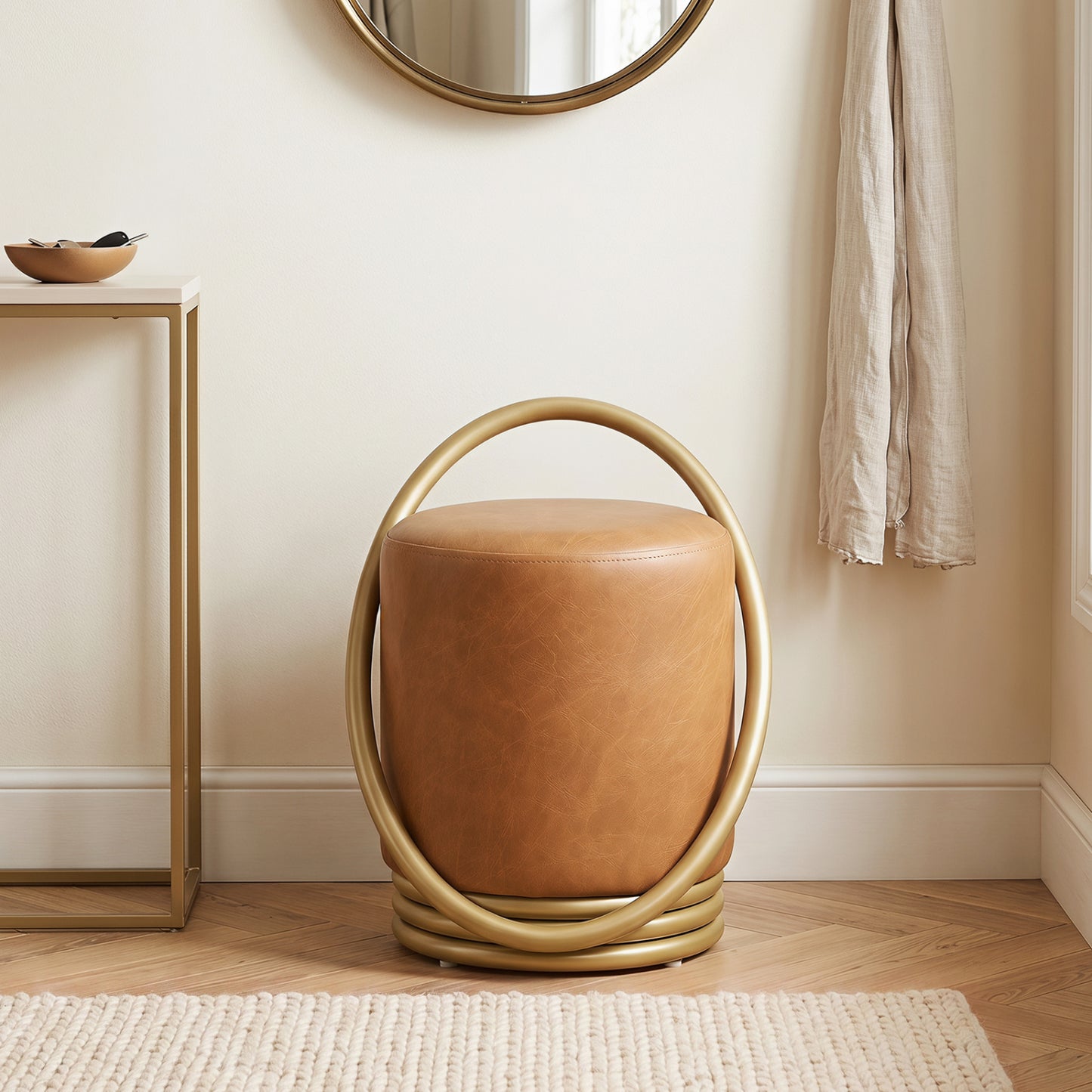 Round Vanity Stool, Faux Leather Makeup Chair, Gold Halo Design, Yellow