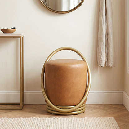 Round Vanity Stool, Faux Leather Makeup Chair, Gold Halo Design, Yellow