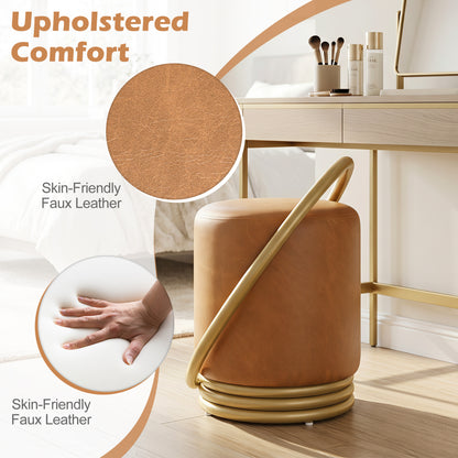Round Vanity Stool, Faux Leather Makeup Chair, Gold Halo Design, Yellow