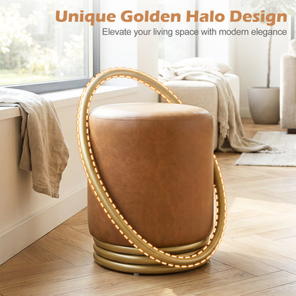 Round Vanity Stool, Faux Leather Makeup Chair, Gold Halo Design, Yellow
