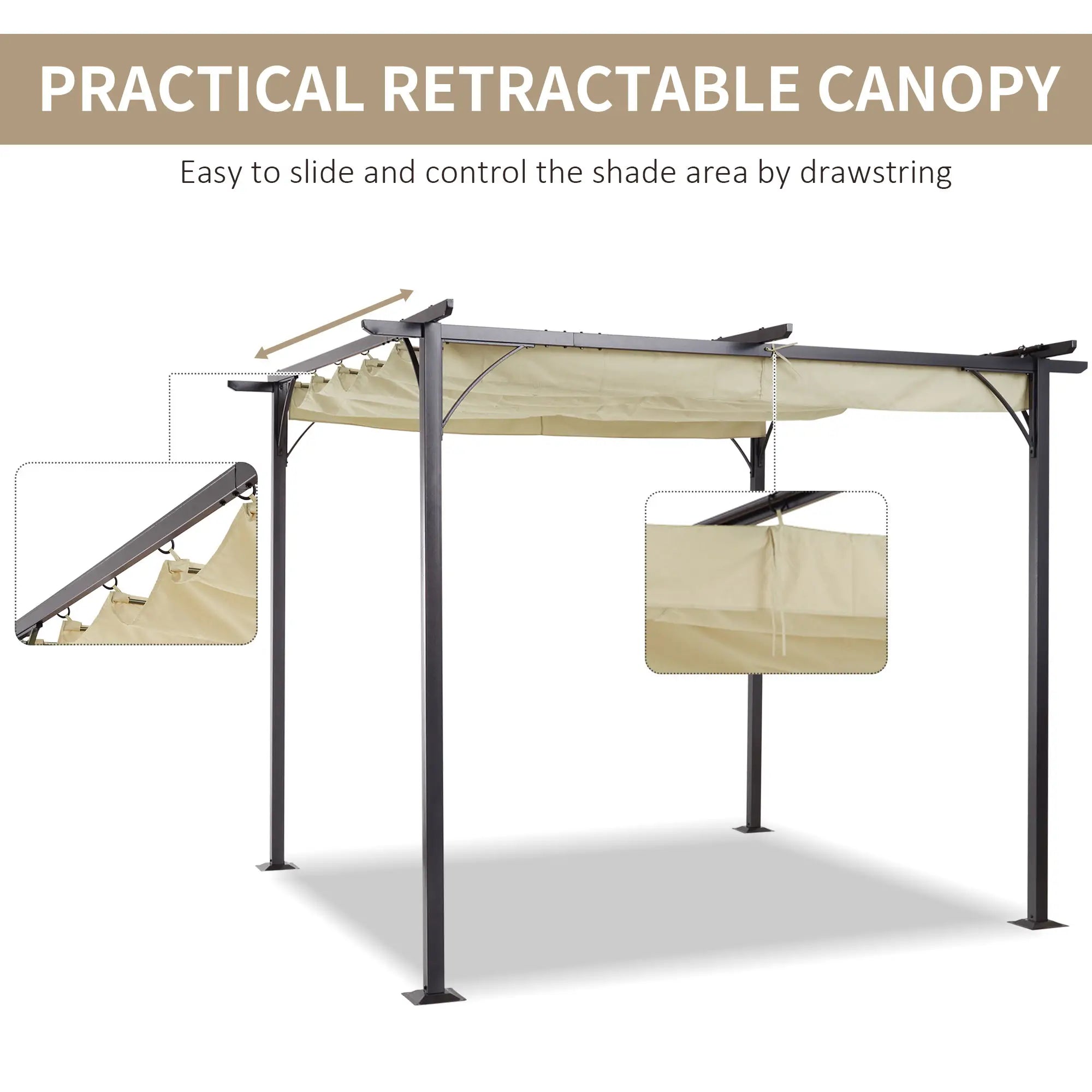 10' Outdoor Pergola Gazebo, Retractable Sun Shade, Beige Pergolas at Gallery Canada