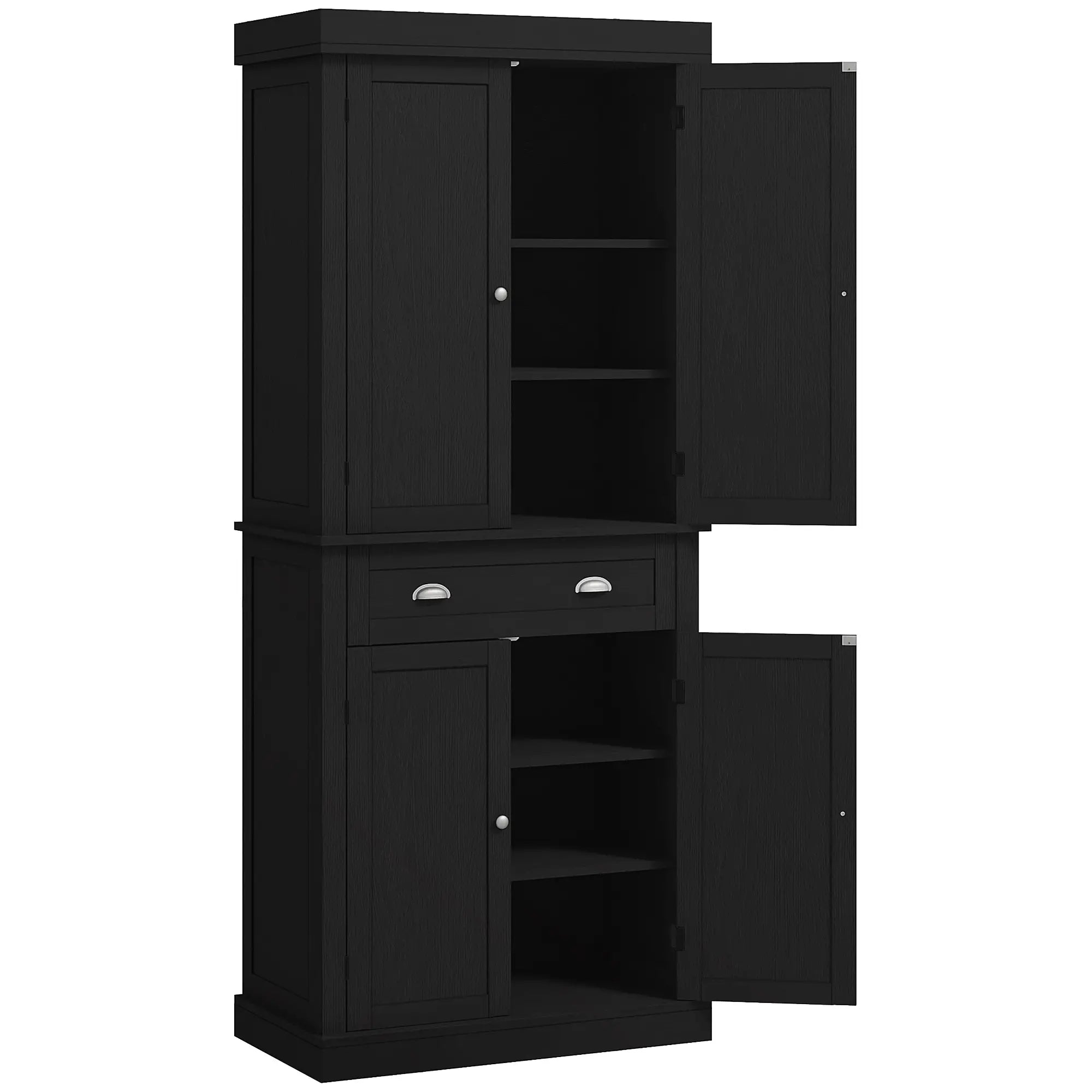 72 Inch Tall Pantry Cabinet, 4 Door Kitchen Storage, Black Wood Grain, Black Kitchen Pantry Cabinets Black Wood Grain at Gallery Canada