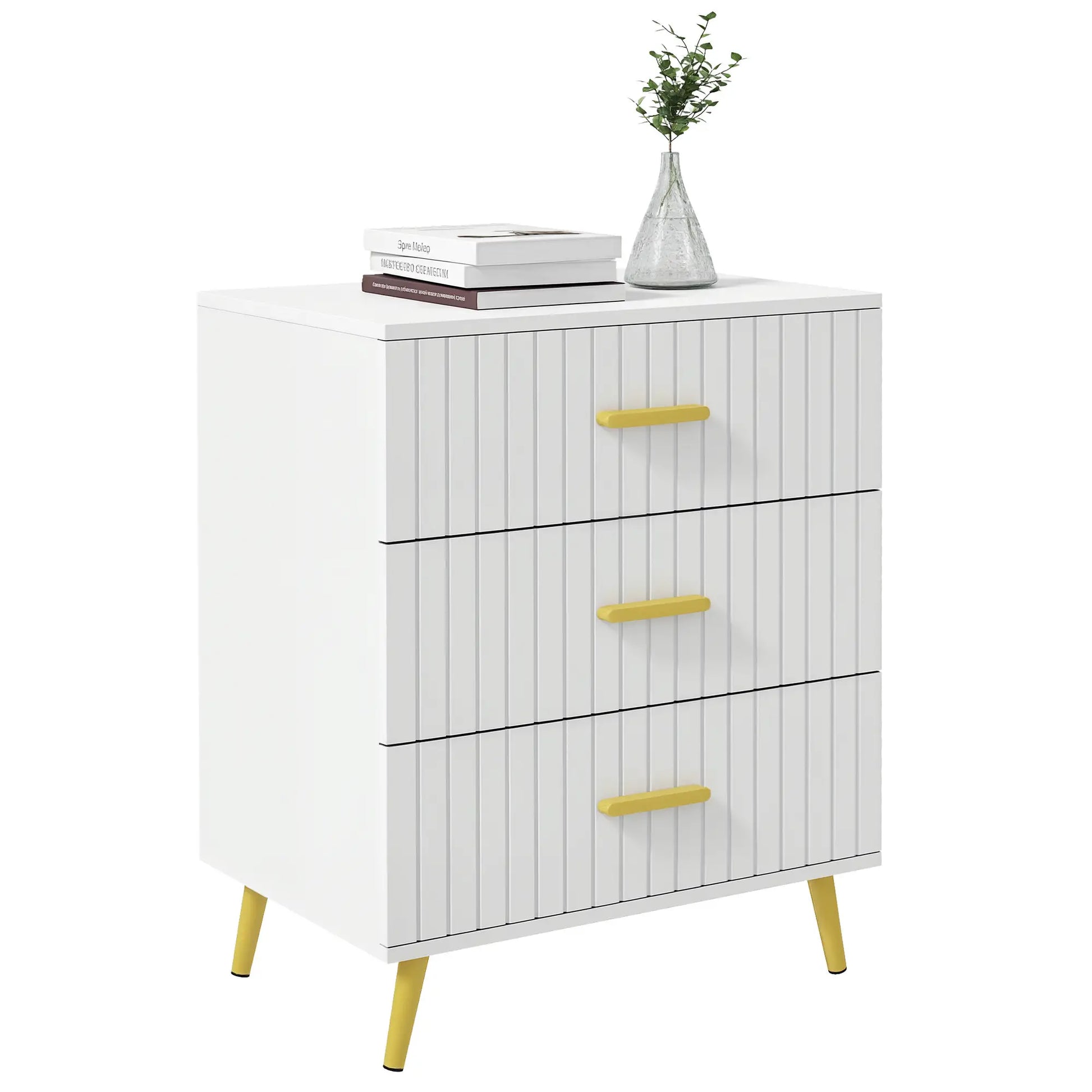 3 Drawer Cabinet, Bedroom Chest of Drawers, Aluminium Legs, Gold Handles, White Storage Cabinets at Gallery Canada